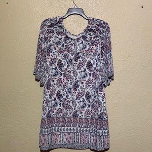 C Est. Dress NWT Size L White Blue Red Paisley Floral Pullover Stretchy